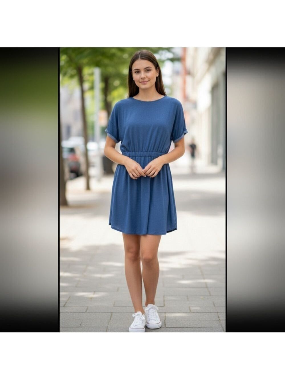 Medicine denim viscose elastic waist cap sleeve mini dress,size large Casual